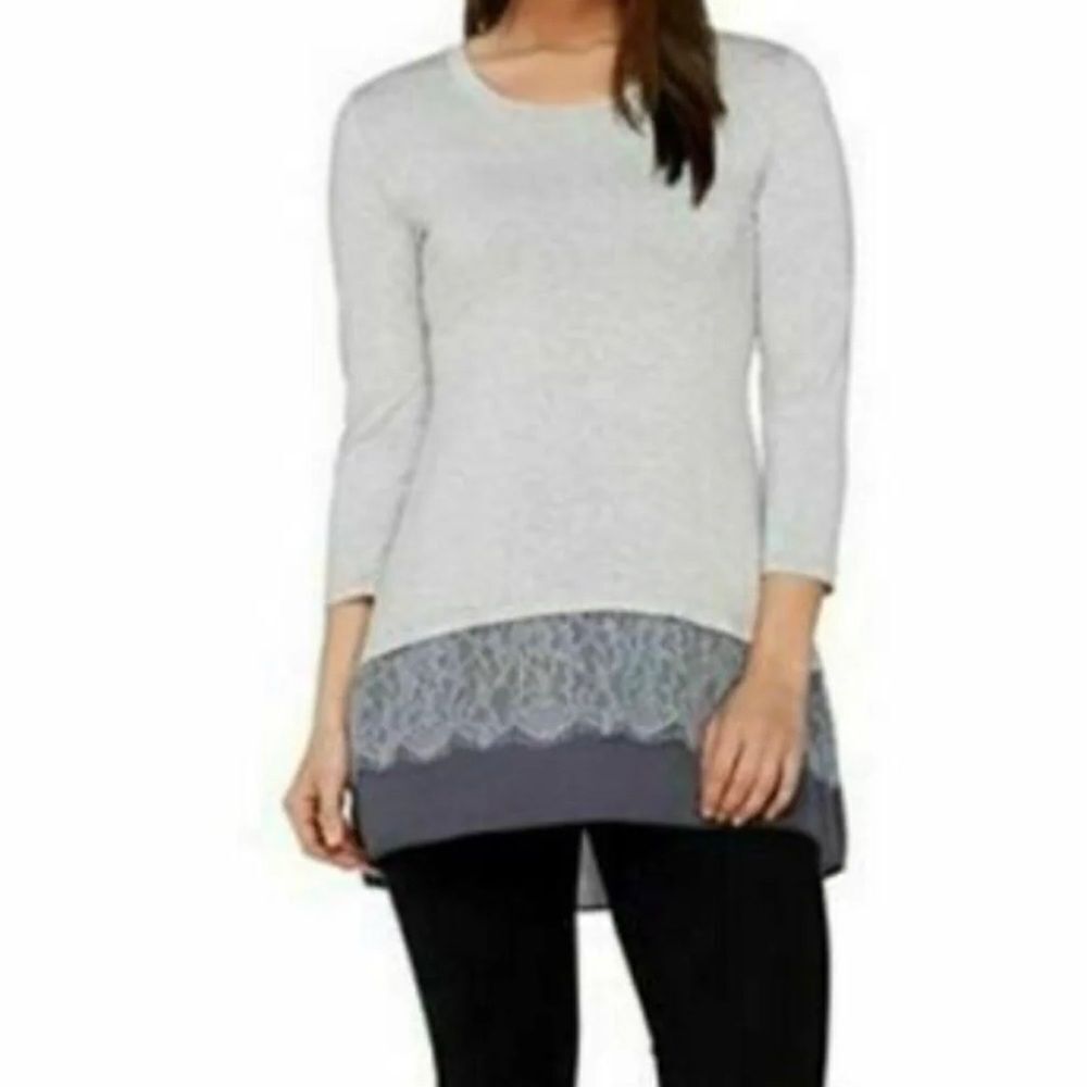 LOGO Lori Goldstein Knit Tunic Top Lace Detail Size XS Grey